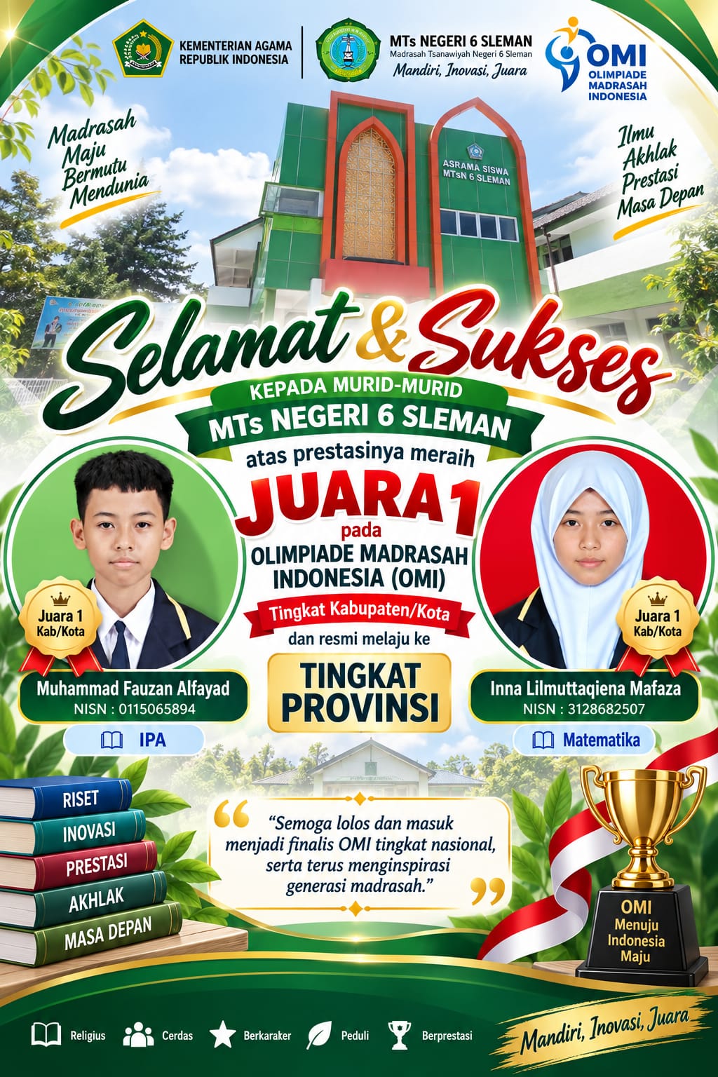 Dua Siswa MTs Negeri 6 Sleman Raih Juara 1 OMI 2026 Tingkat Kab/Kota, Melaju ke Tingkat Provinsi