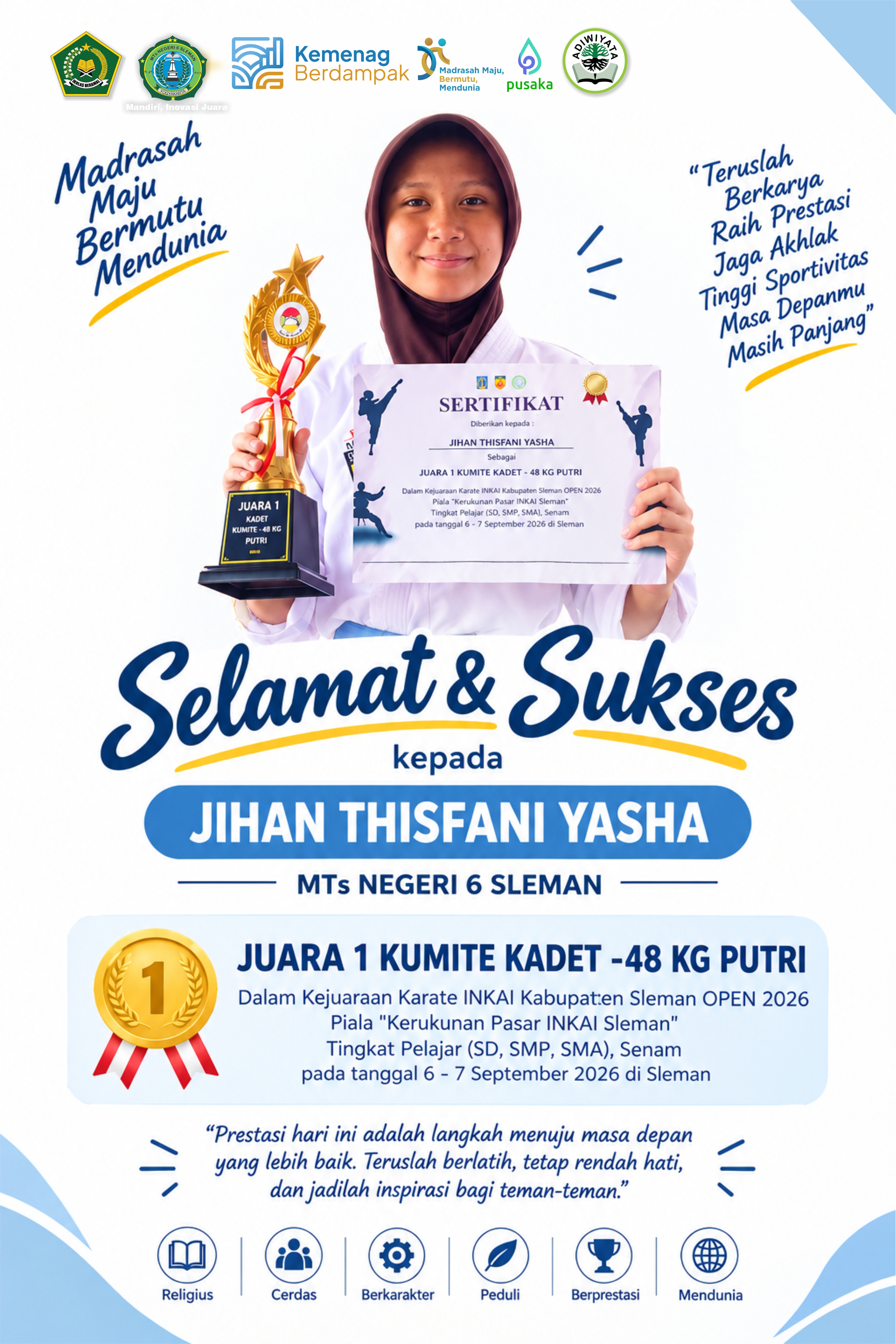 Siswi MTs Negeri 6 Sleman Raih Juara I Kumite Kadet -48 Kg Putri INKAI Sleman Open 2026
