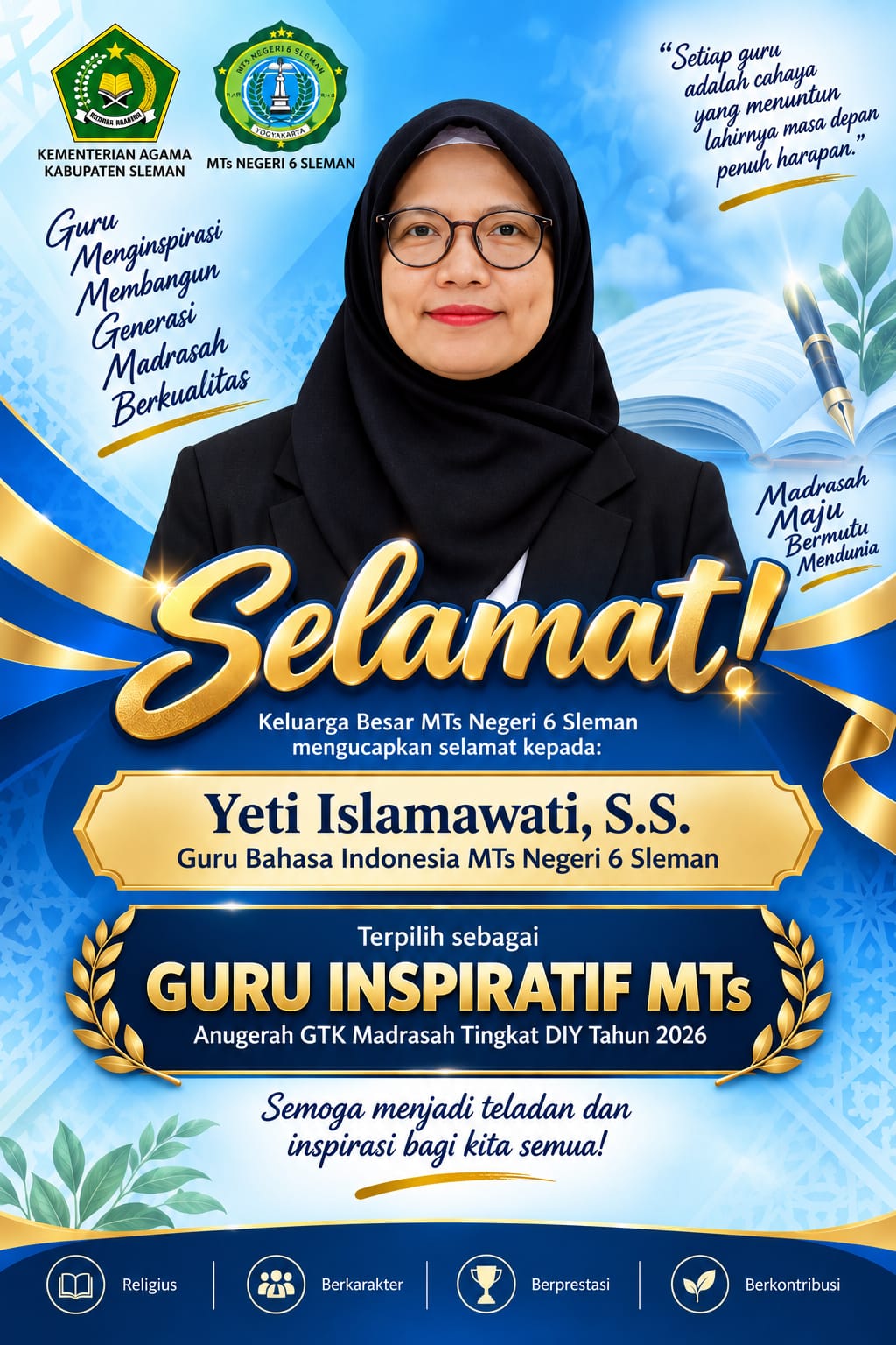 Yeti Islamawati, S.S. Terpilih sebagai Guru Inspiratif MTs Tingkat DIY 2026